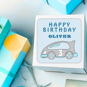 Cute Race Car Blue Boy Happy Birthday Square Sticker