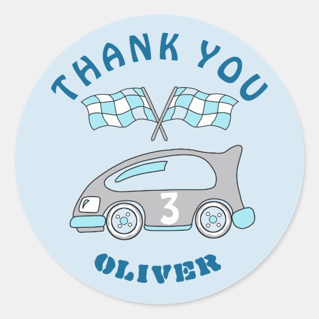 Cute Race Car Flags Blue Boy Birthday Thank you Classic Round Sticker (Front)