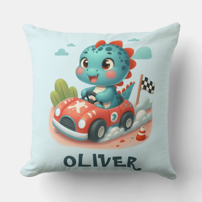 Cute Racer Dino Driving a Fast Car Cushion (Front)