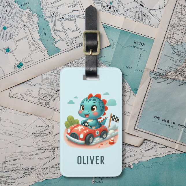 Cute Racer Dino Driving a Fast Car Luggage Tag (Creator Uploaded)