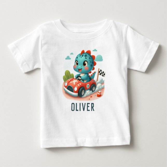 Cute Racer Dino Driving a Sports Car Baby T-Shirt (Front)