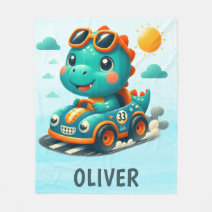 Cute Racing Dinosaur in a Car Fleece Blanket