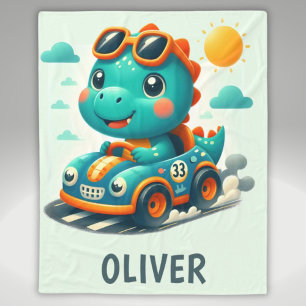 Cute Racing Dinosaur in a Car Fleece Blanket