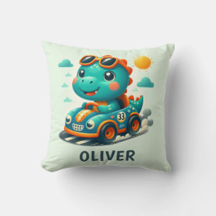 Cute Racing Dinosaur in a Car Light Green Cushion