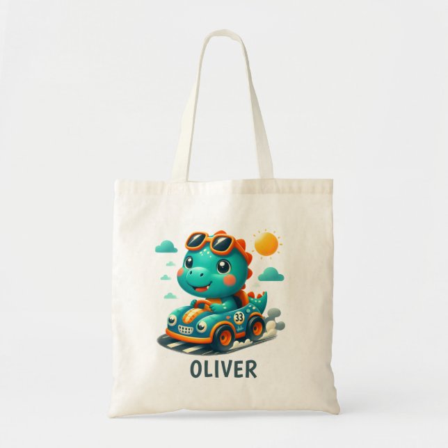 Cute Racing Trex Dinosaur and Race Car  Tote Bag (Front)