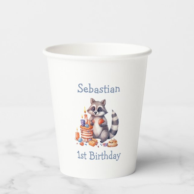 Cute Racoon 1st Birthday Party Sublimation Custom Paper Cups (Back)