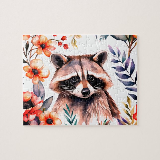 Cute racoon among flowers jigsaw puzzle (Horizontal)