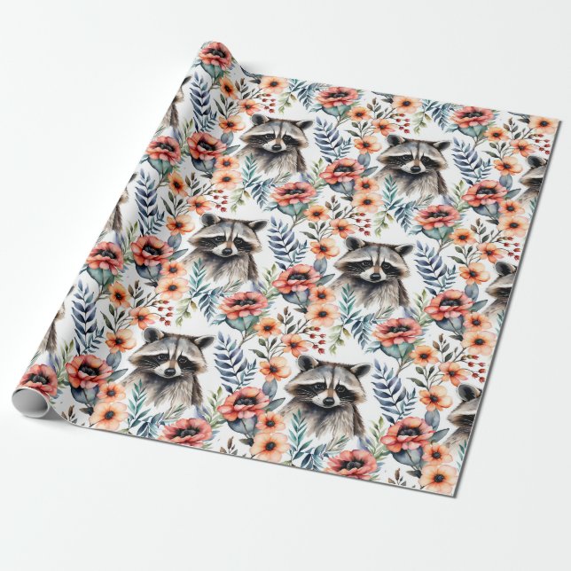 Cute racoon among flowers wrapping paper (Unrolled)