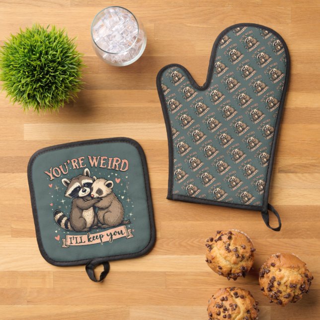 Cute Racoon and Ferret Hug with Funny Quote Oven Mitt & Pot Holder Set (Top Down)