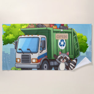 Cute racoon and "food" truck beach towel