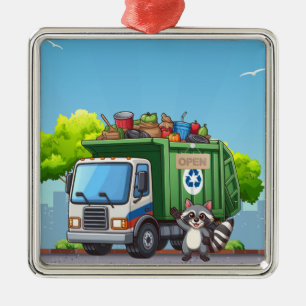 Cute racoon and "food" truck metal ornament