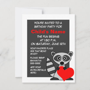 Cute Racoon and Heart Birthday Invitation