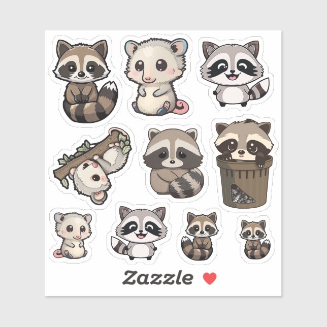 Cute Racoon and Opossum Sticker Sheet, Adorable (Sheet)