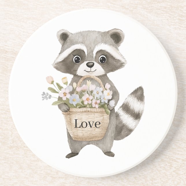 Cute Racoon Basket Flowers Coaster (Front)