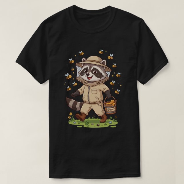 Cute Racoon Beekeeper T-Shirt Design (Design Front)