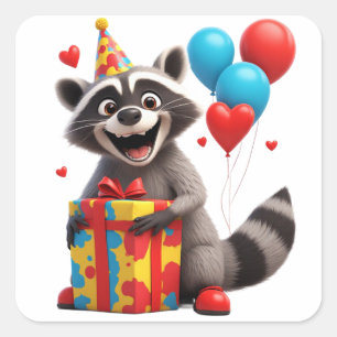 🦝 Cute Racoon Birthday Party With Gift Square Sticker