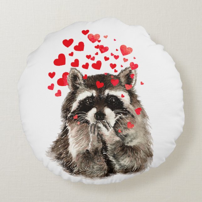 Cute Racoon Blowing Kisses Love Hearts Animal Round Cushion (Back)