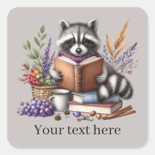 Cute racoon book lovers add text square sticker