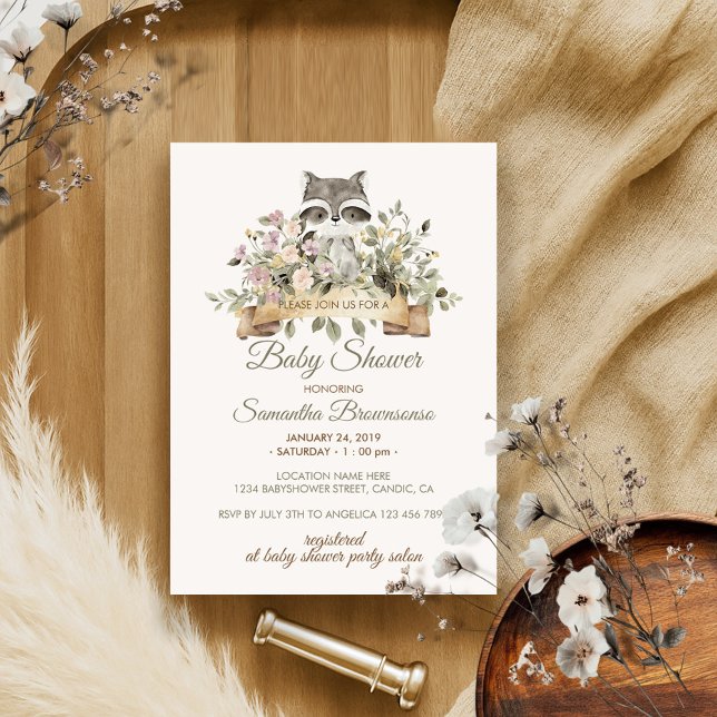 Cute Racoon Botanical Ribbon Baby Shower Invitation (Creator Uploaded)