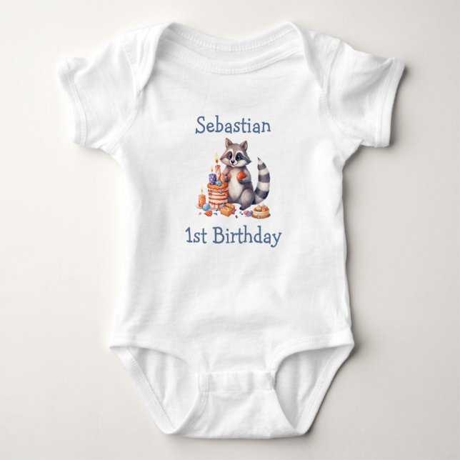 Cute Racoon Boy 1st Birthday Party  Custom Baby Bodysuit (Front)