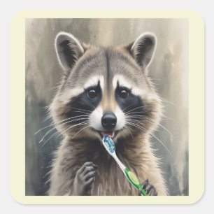 Cute Racoon Brushing Teeth Fun Animal Dentist Square Sticker