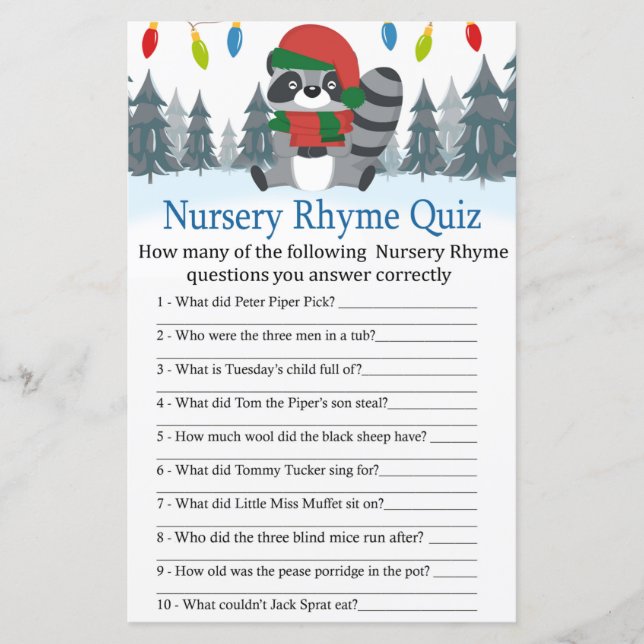 Cute Racoon Christmas Nursery Rhyme Quiz game (Front)