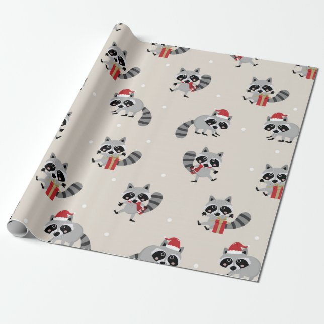 Cute Racoon Christmas Pattern Wrapping Paper (Unrolled)