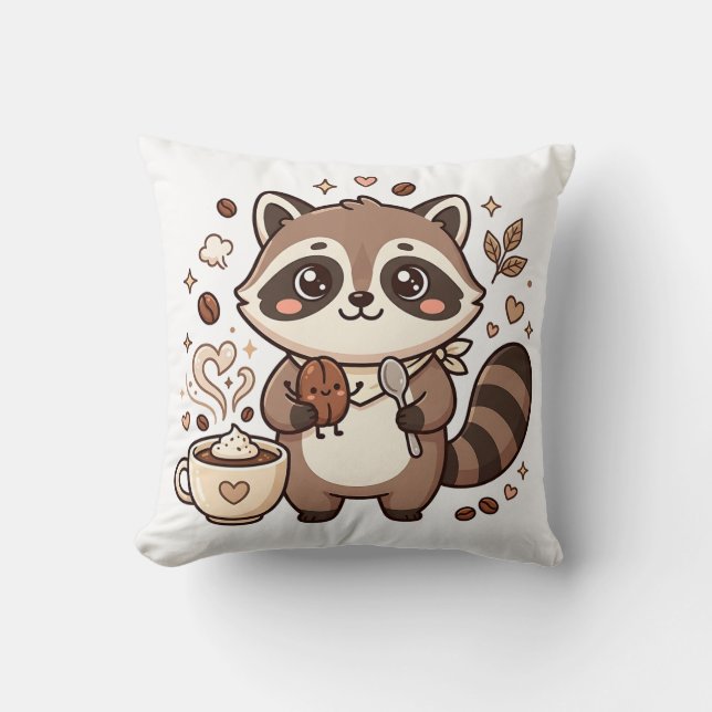 Cute Racoon Coffee Pillow Throw (Front)