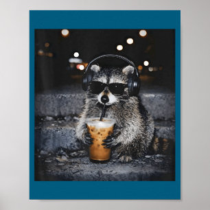 Cute Racoon Drinking Iced Coffee Funny Poster