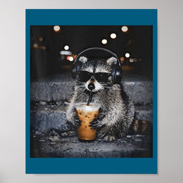 Cute Racoon Drinking Iced Coffee Funny Poster (Front)