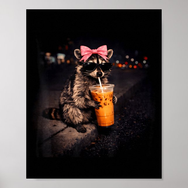 Cute racoon drinking iced coffee funny racoon poster (Front)
