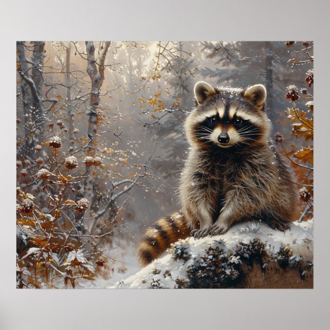 Cute Racoon During Winter Oil Painting Poster (Front)