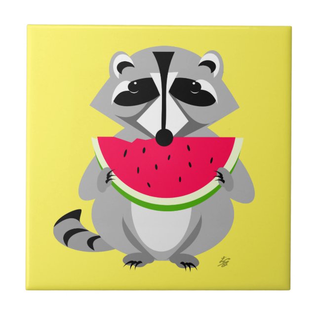 Cute racoon Eating Watermelon Ceramic Tile (Front)