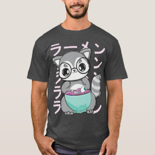 Cute Racoon Eats Japanese Noodles And Kawaii Horro T-Shirt