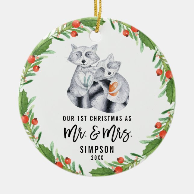 Cute Racoon First Christmas As Mr and Mrs Couple Ceramic Ornament (Front)