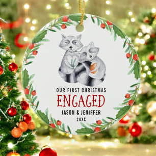 Cute Racoon First Christmas Engaged Couple Ceramic Ornament