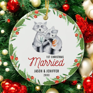 Cute Racoon First Christmas Married Newlywed Ceramic Ornament