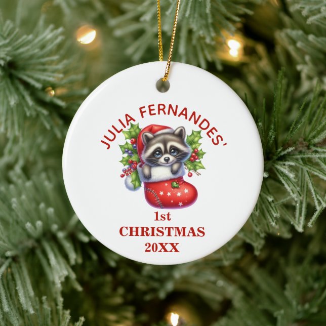 Cute Racoon First Christmas Personalised Ceramic Ornament (Tree)