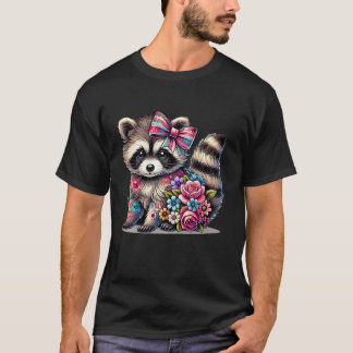 Cute Racoon Flower Graphic Tee Coquette Bow Flora