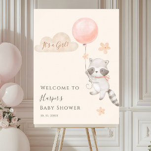 Cute Racoon Flying Balloon Baby Shower Welcome Poster