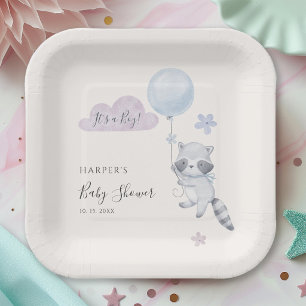 Cute Racoon Flying Balloon Boy Baby Shower Paper Plate