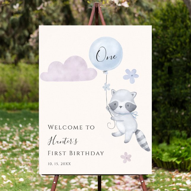 Cute Racoon Flying Balloon First Birthday Welcome Poster (Creator Uploaded)