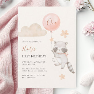 Cute Racoon Flying Balloon Girl First Birthday  Invitation
