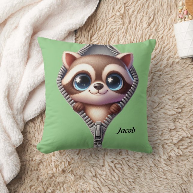 Cute Racoon Green Kids  Cushion (Blanket)