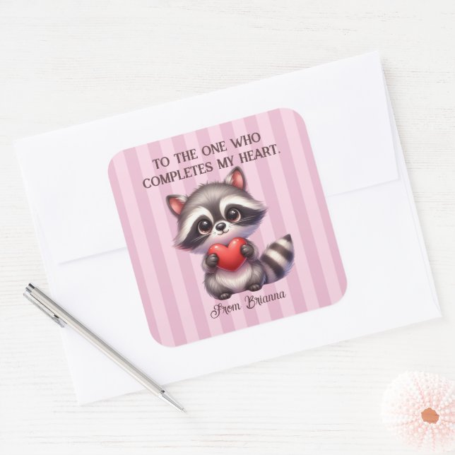 Cute Racoon Holding a Heart Square Sticker (Envelope)