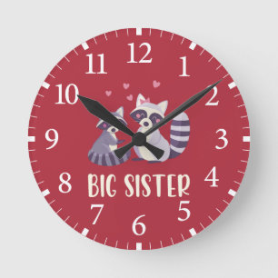Cute Racoon Illustrations Big Sister Round Clock