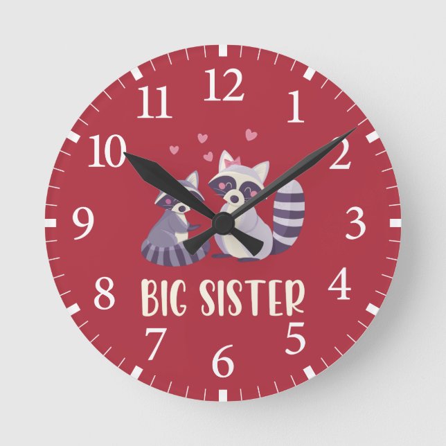 Cute Racoon Illustrations Big Sister Round Clock (Front)