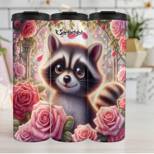 Cute Racoon in a Rose Garden Thermal Tumbler
