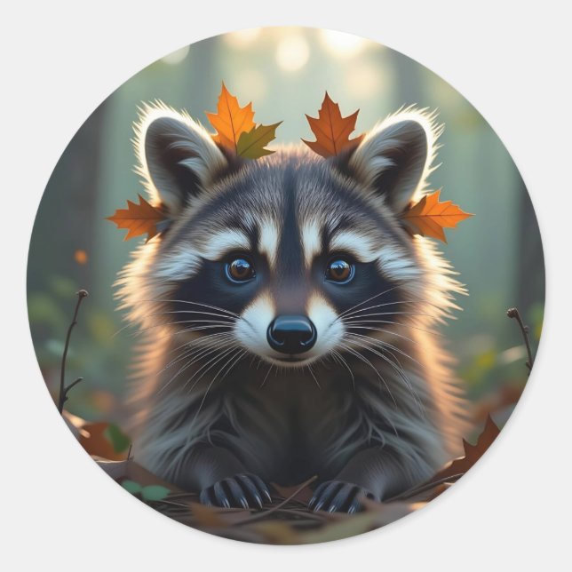 Cute Racoon in Fall Leaves Classic Round Sticker (Front)