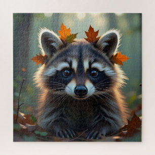 Cute Racoon in Fall Leaves Jigsaw Puzzle